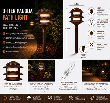 12 Low Voltage Landscape 3 Tier Cast Aluminum Pagoda Light, for Gardens, Walkways, Pathways & Yards (Rust)