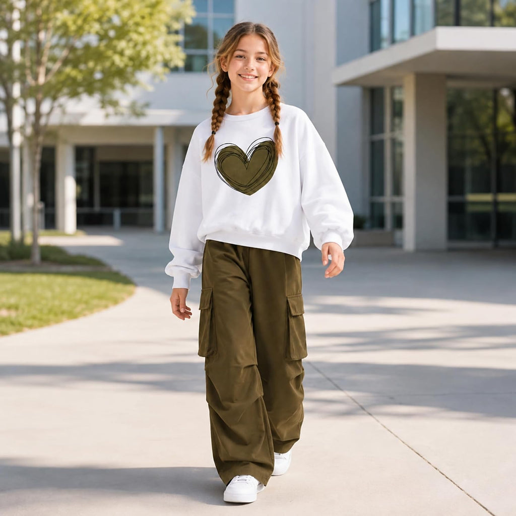 Girls 2 Piece Outfits Heart Print Sweatshirt and Cargo Pants Set, Casual Tracksuit School Daily Wear