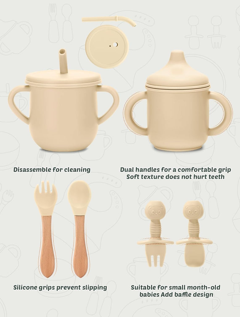 Feeding Set 9 Pcs, Spill-Proof Suction Plate, Bowl, Bib, Silicone spoon&forks, Wooden Spoons&forks, Training cup