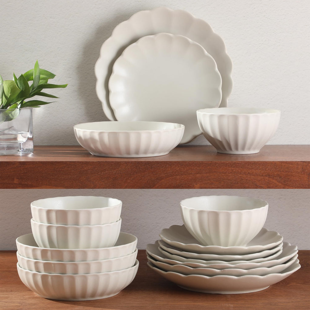 Malibu Shore 16 Piece Scalloped Edge Stoneware Matte Reactive Glaze (Service for 4) Ceramic Plates and Bowls