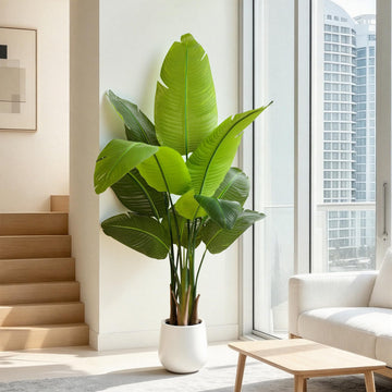 5FT Artificial Bird of Paradise Plant Tall, 60" Fake Tropical Tree with 10 Banana Leaves and White Pot, Large Faux Silk