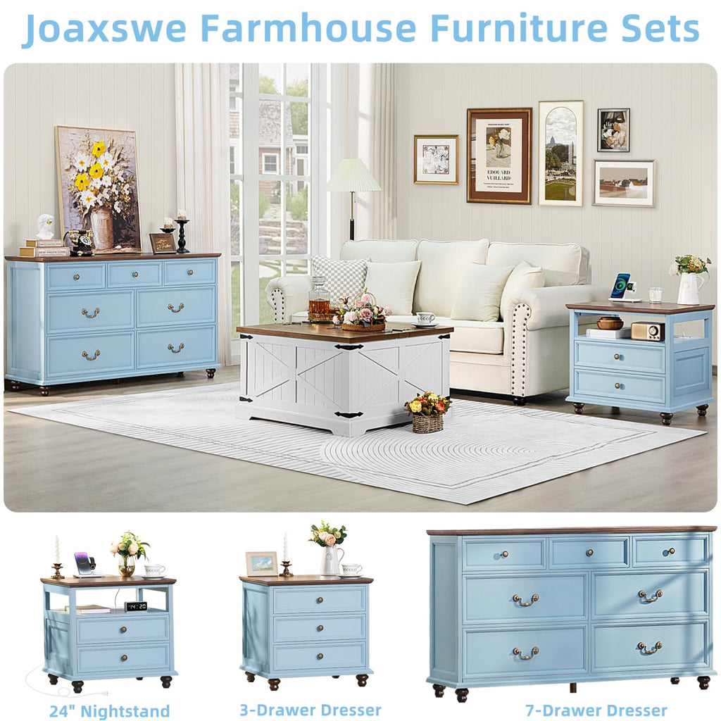 Farmhouse 54" 7 Drawers, Wide Wood Chest of Drawers w/ 4 Wooden Legs, Vintage Large Storage Dressers Organizer