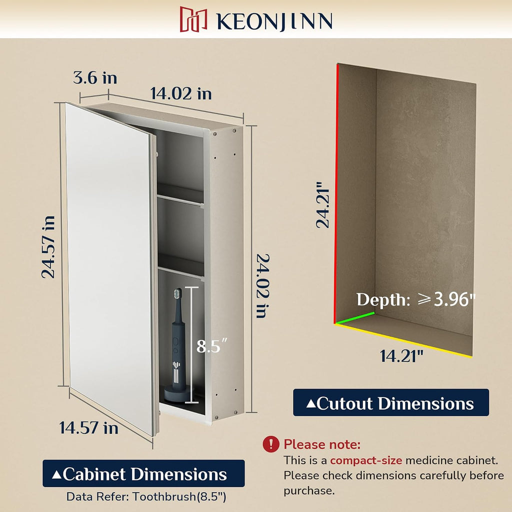 Medicine Cabinet Mirror 14"x24", Adjustable Shelves | Assembly Required, Wall Mount or Recessed, Safe HD Tempered