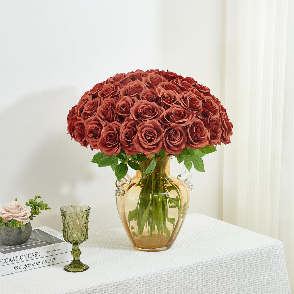 50pcs Burnt Orange Roses Artificial Flowers Bulk, Fake Roses Silk Flower with Stems Realistic Flowers for Wedding