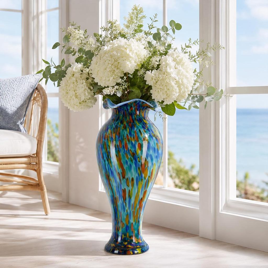 20" Tall Hand Blown Glass Vase - Pretty Ruffle Wide Mouth Decorative Flower Vase, for Modern Home Decor, Ideal