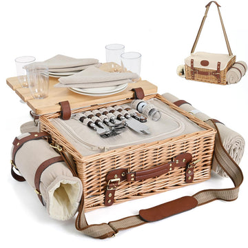 Multifunctional Wicker Picnic Basket Set for 4 with Blanket and Picnic Table, Insulated Picnic Set with Full