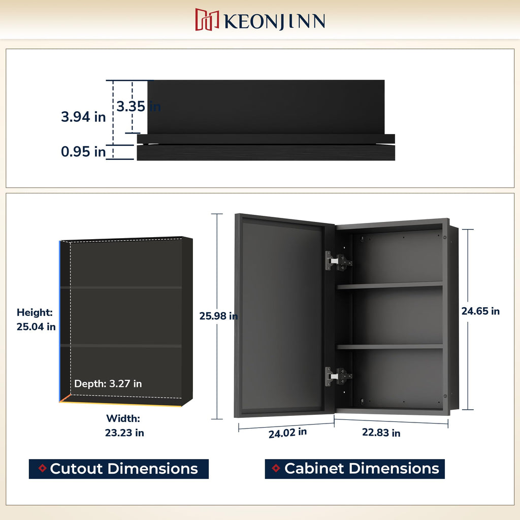 24" x 26" Black Medicine Cabinets Mirror, Wall Mount or in Wall