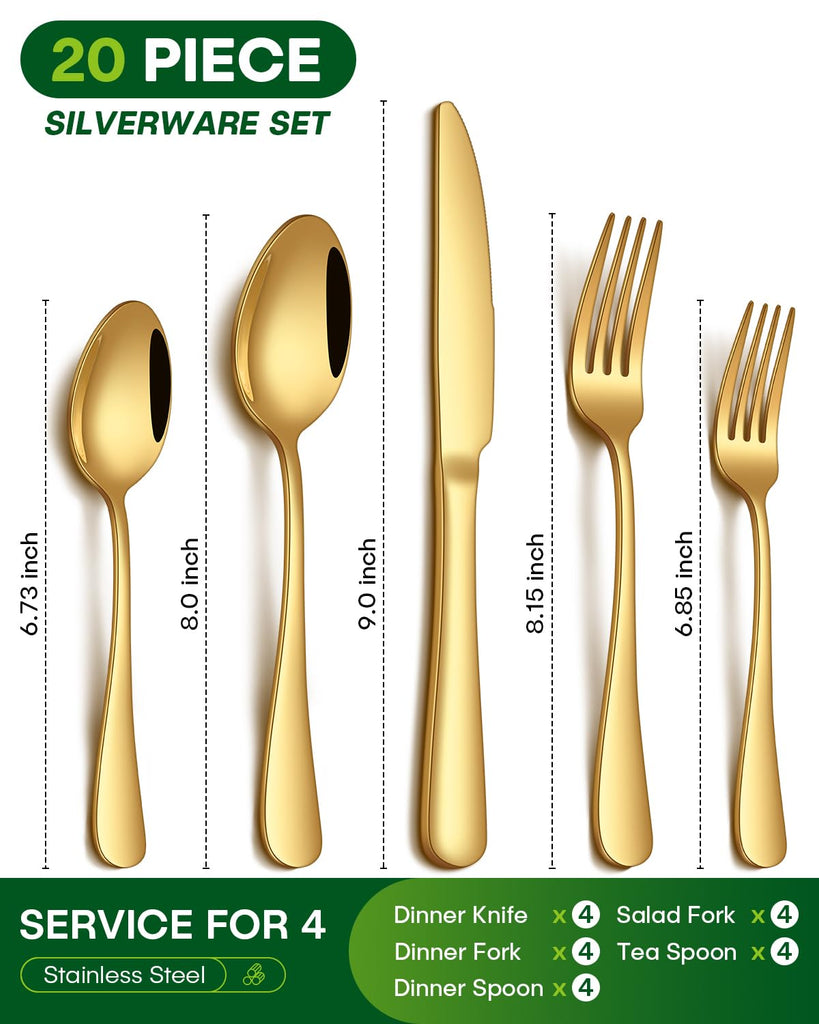 20 Piece Gold Silverware Set, Stainless Steel Flatware Set for 4 Food Grade Novelty Flatware Cutlery Utensil Set