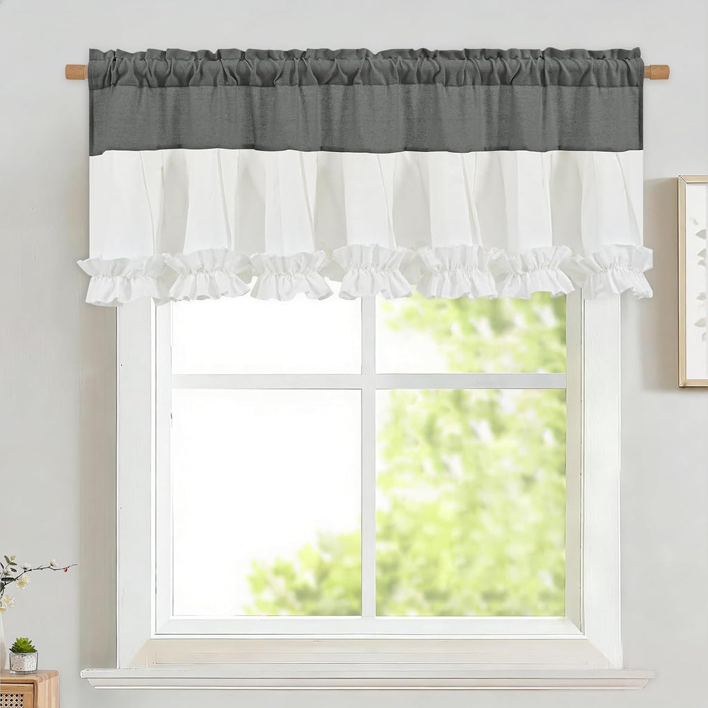 Grey and White linen ruffle valance for windows - Casa Home Living