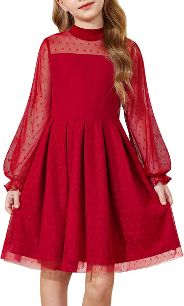 Girls Dresses Contrast Mesh Puff Long Sleeve Formal Party Dress