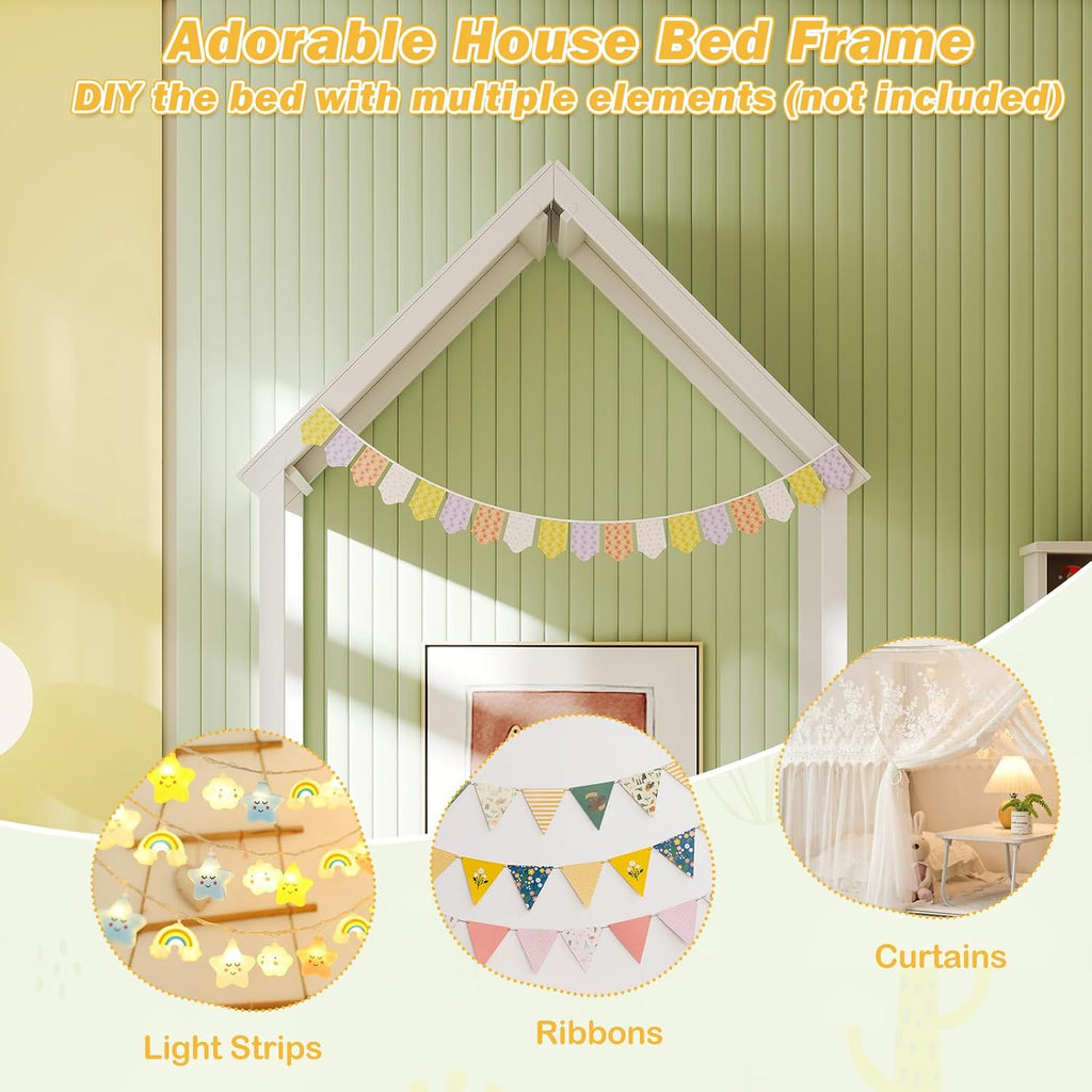 House Bed, Montessori Floor Bed with House Shape Roof & Semi-Fence, Solid Wood Bed Frame Without Slats, Low