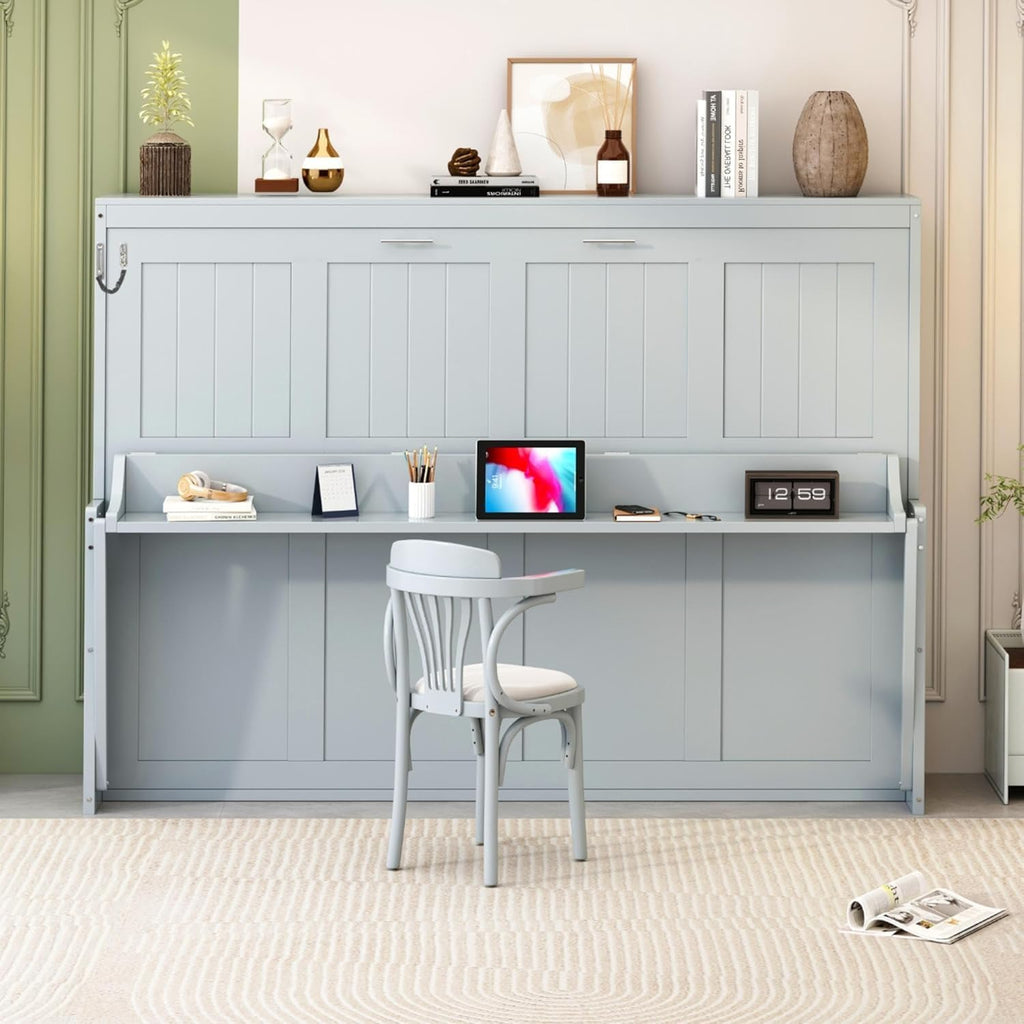 Queen Horizontal Murphy Bed with Desk,Wood Folding Hideaway Murphy Wall Bed for Adult,Guest Room,No Box Spring