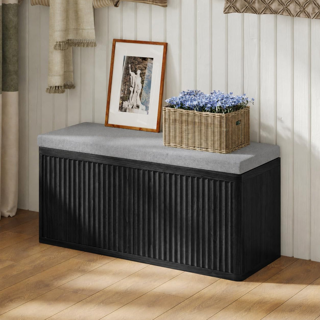 Shoe Bench with Cushion & Push-Open Doors, Double-Layered Storage, Black