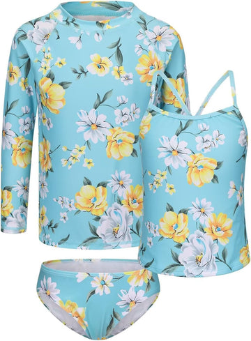 Girls 3 Piece Swimsuits Set for Girls Long Sleeve Rash Guard Swim Set Hawaiian Beach Tankini Bathing Suits