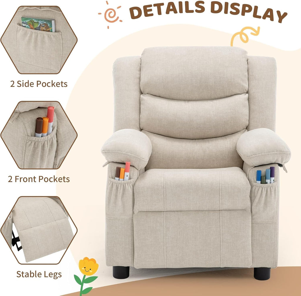 Kids Recliner Chair, Push Back Toddler Recliners with Side Pockets, Child Recliner with Footrest, Cashmere Fabric Kid