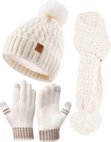 Kids Winter Hat Gloves Scarf Set, Girls Boys Toddler Winter Hat Beanie Pom Knitted Scarves Mittens Fleece Lined Age