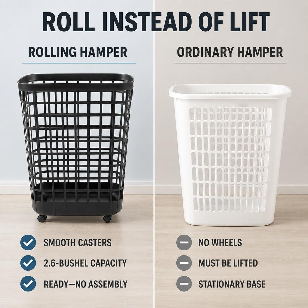Black Rolling Laundry Hamper w/Casters, 2.6 Bushel Capacity