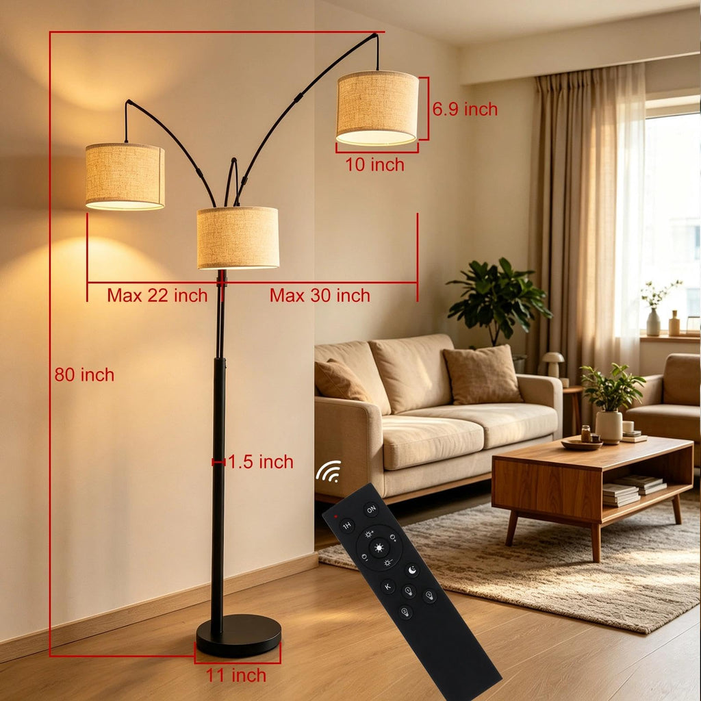 3-Light Dimmable Arc Floor Lamp, LED Tall tree Standing Lamp with Remote