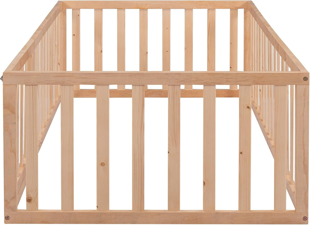 Montessori Floor Bed with 21.7" High Rails, Pine, Plywood Floor Bed with Small Door, Natural