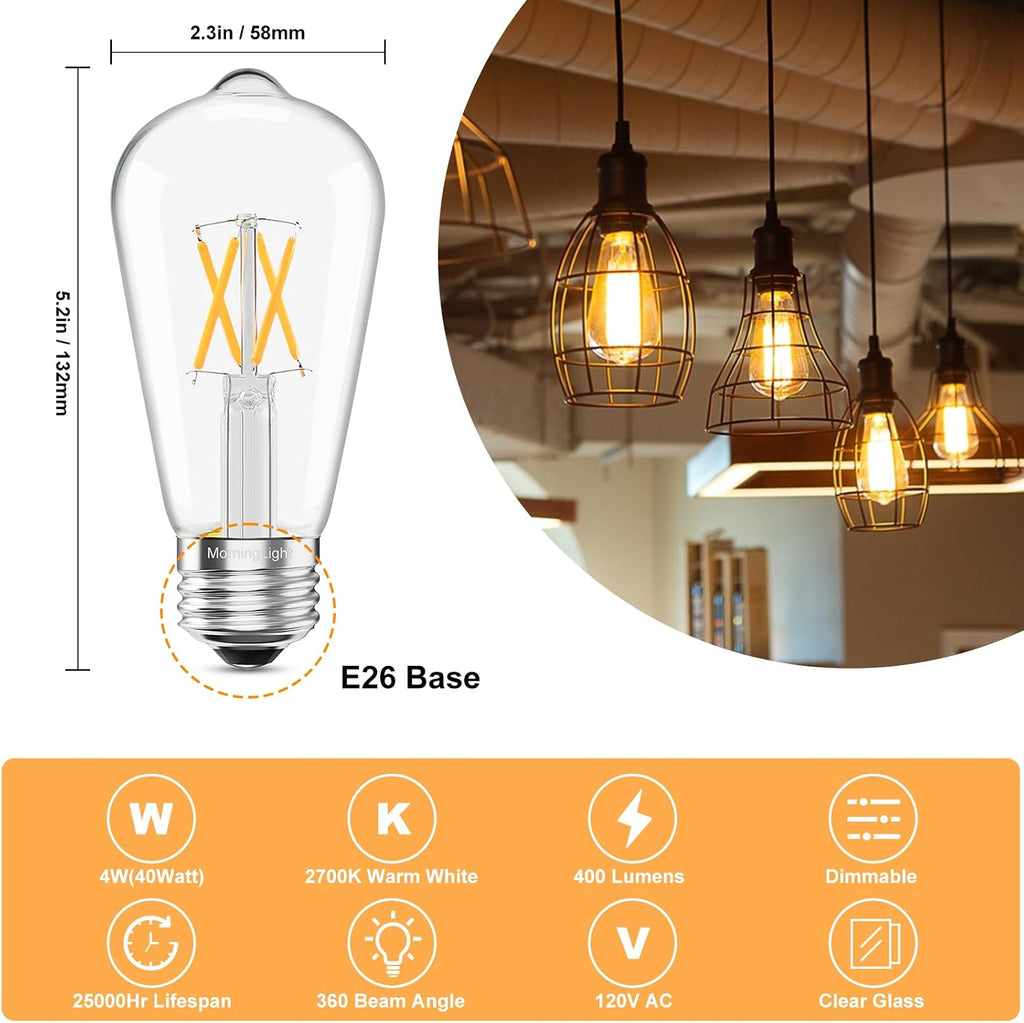 6 Pack Dimmable Vintage LED Edison Bulbs 40Watt, E26 LED Edison Light Bulbs 40 Watt Warm White 2700K, 4W ST58 Antique