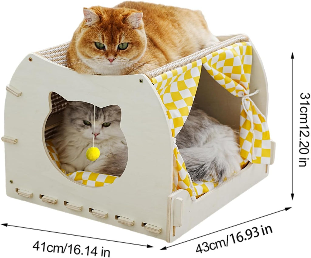 Cat House Indoor, Cat Cave, Modern Kitten Bed with Scratch Pad and Fluffy Ball, Wooden Frame with Cushion