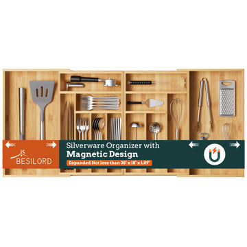Silverware Organizer Large, Magnetic Connected Expandable 13 Slots Silverware Drawer Organizer From 21 to 37.4