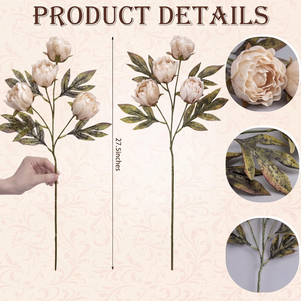 8 Pcs 27.5'' Artificial Peony Long Stem Flowers Bulk, Champagne