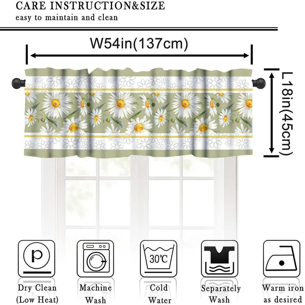 Daisy Flower Window Valance, Summer Watercolor Plants Floral Spring Garden Print Blackout Short Curtain Treatment for