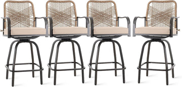 Outdoor Bar Stools Set of 4, 360° Swivel Metal Frame, Wicker Patio Bar Height Stools with Cushion, All-Weather Rattan