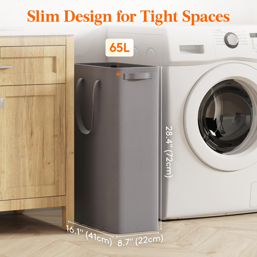 2 Pack Slim Laundry Hamper with Handles, 65L, Grey
