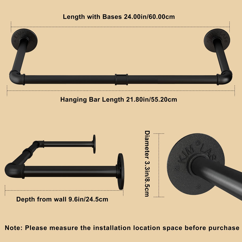 Wall Mounted Clothes Rack 24in, Industrial Pipe Wall Mount Clothing Rack, Heavy Duty Iron Garment Racks, Space Saver