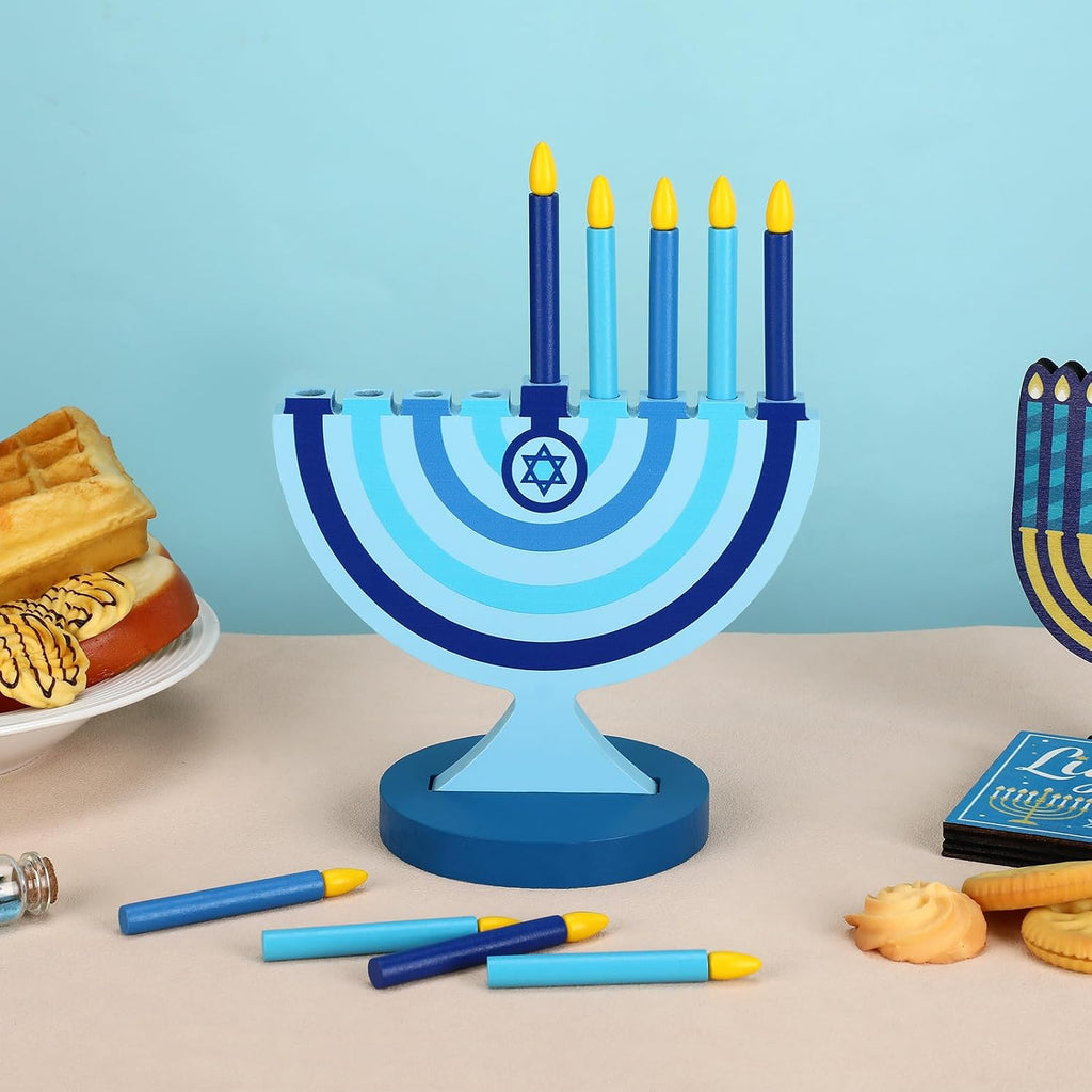 Wooden Hanukkah with 9 Removable Candles,Classic,Blue - Set of 9