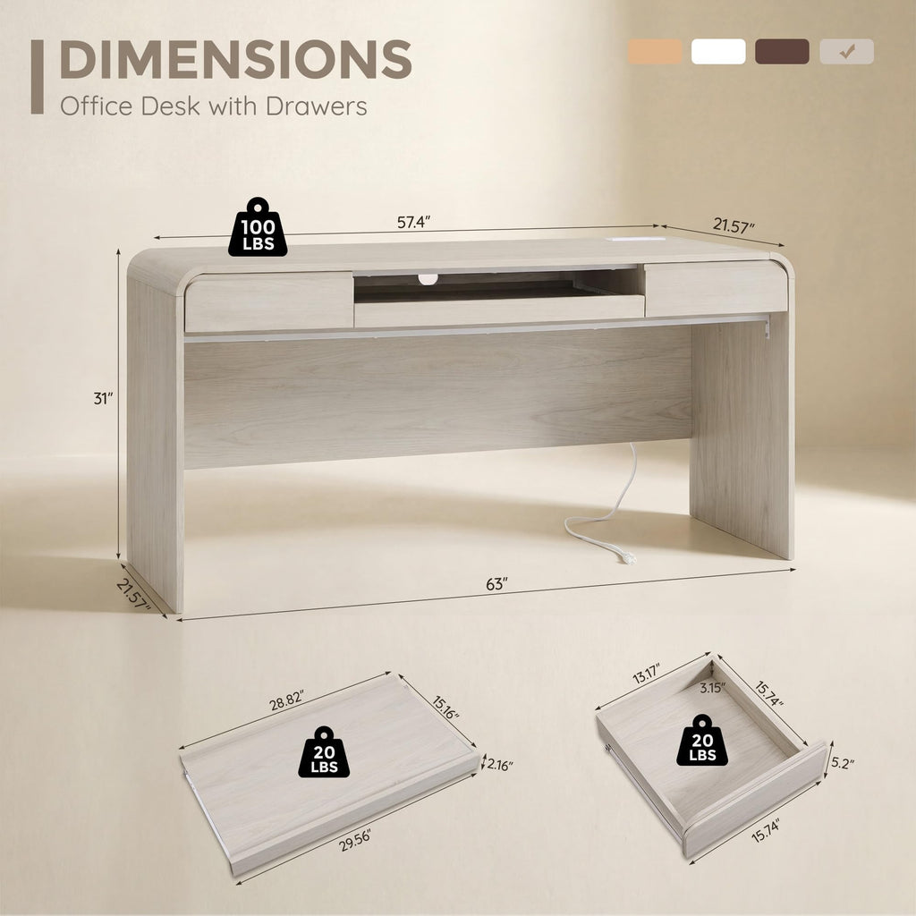 63" Modern Computer Desk with 2 Drawers, Wood Curved (Cream)