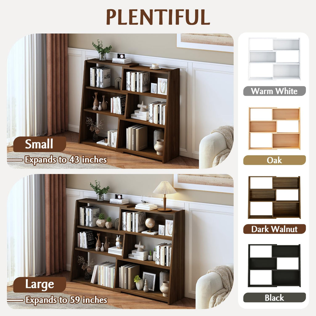 Wooden Extendable Shelf Bookcase, 3-Tier Low Bookshelf, Walnut, S
