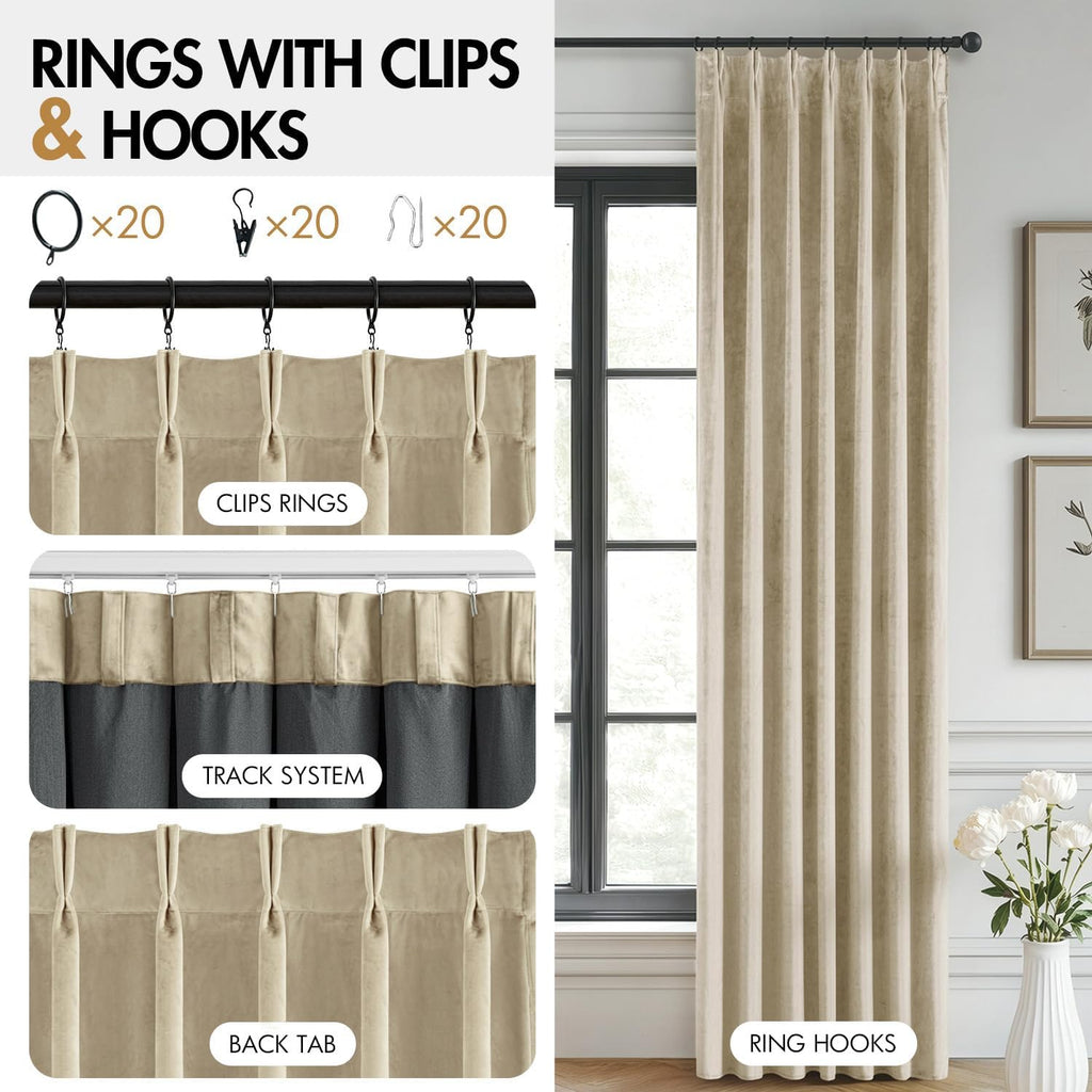 Beige Velvet Curtains 96 inches Long, Pinch Pleated Blackout Drapes with Hooks, Thermal Insulated Pinch Pleat Panels