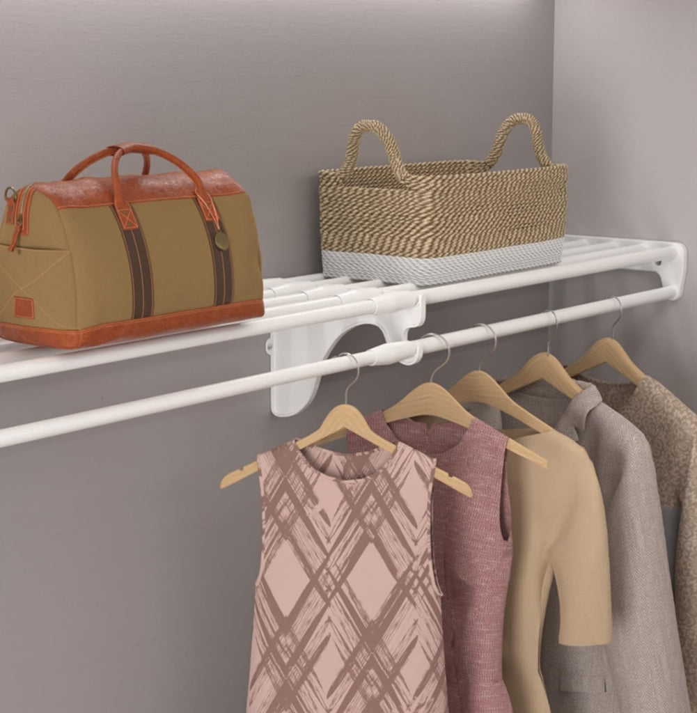 Closet Shelf with Hanging Rod - 28-48" Expandable, White, Closet Shelves - Strong, Holds 200 lbs - DIY, Easy Install