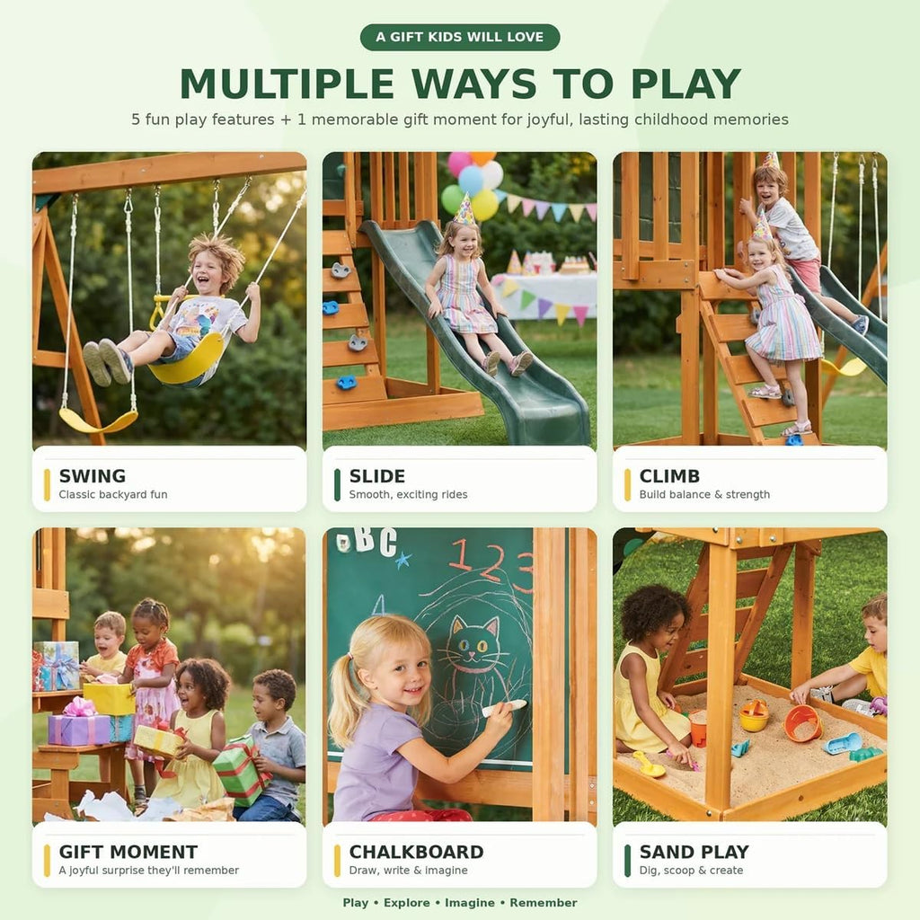 Cedar Wooden Backyard Playset with Swings, Wave Slide, Rock Wall Ladder, Sandbox Chalkboard & Canopy Roof, Outdoor