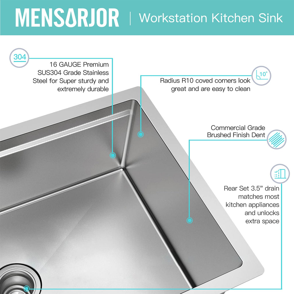 32 x 19 Inch Workstation Ledge Handmade Undermount Kitchen Sink Stainless Steel 16 Gauge Big Single Bowl Sink