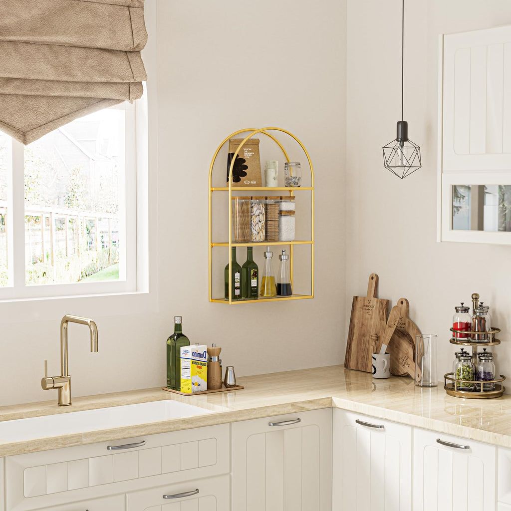 3-Tier Arched Wall Shelf with Gold Frame & Transparent Shelves