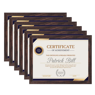 8.5x11 Picture Frame Set of 6, Certificate Document Frame, Diploma Frame, Display Pictures 8.5x11 Without Mat, Brown