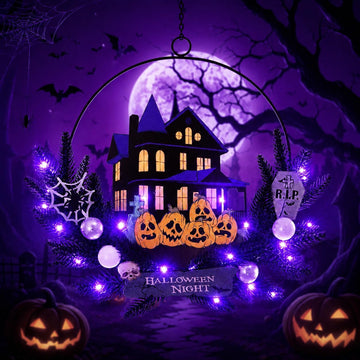 Halloween Wreath with Lights, 15.7 Inch, 6H On/18H Off Timer