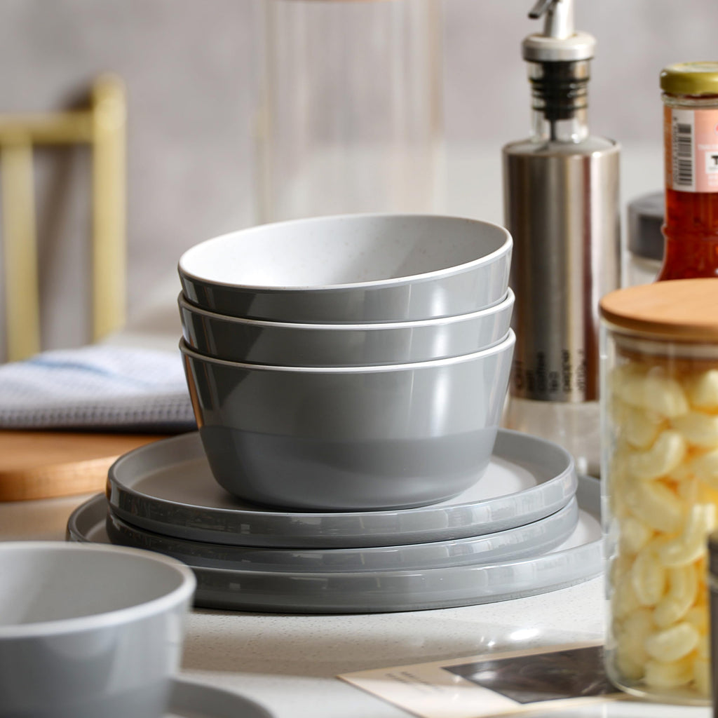 Melamine Dinnerware Sets, Dishware Sets for 4, Light Grey, White
