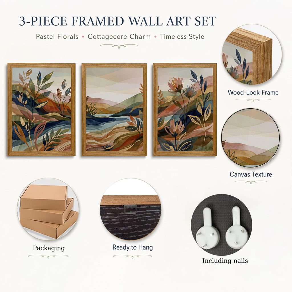 Abstract Landscape Framed Wall Art Set of 3, Watercolor Botanical Prints