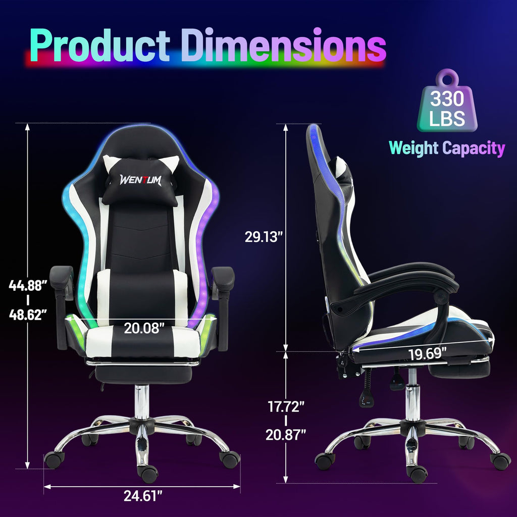 LED Lights Gaming Chair with Footrest, Black/White