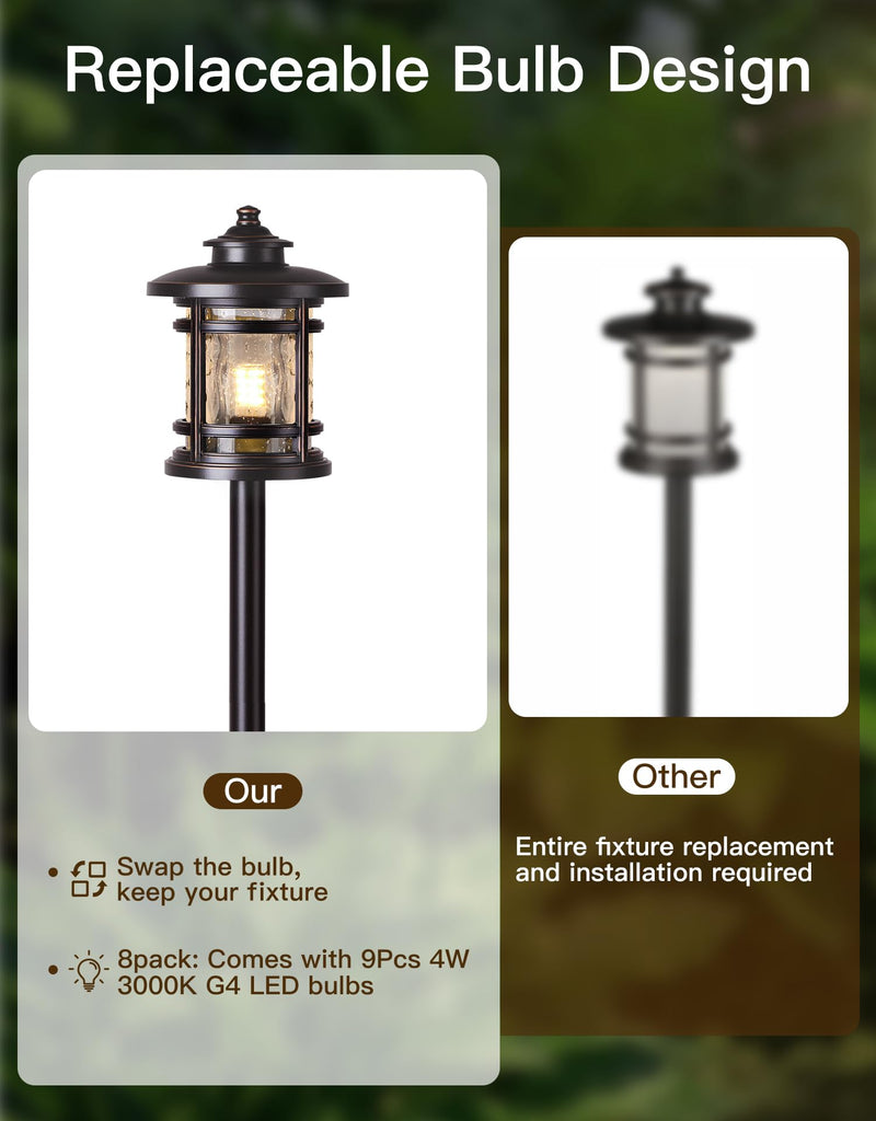8 Pack Low Voltage Pathway Lights with G4 Bulbs, Seed Glass Shade, Aluminum