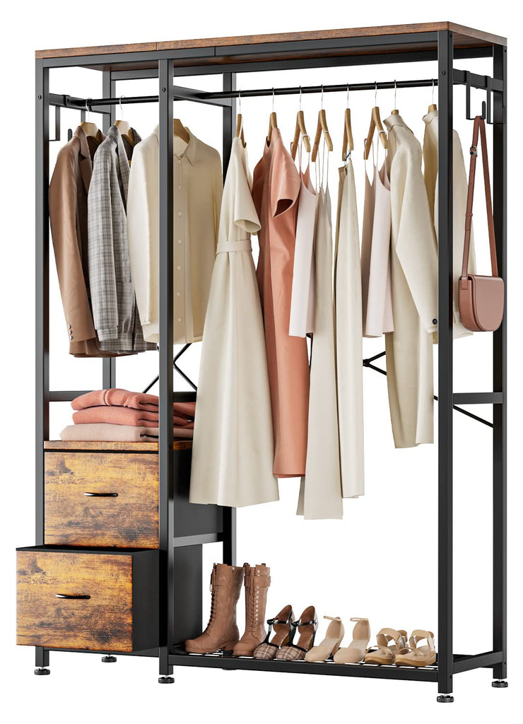 Clothes Rack with 2 Rods, Shelves, Drawers & Hooks, Garment Rack