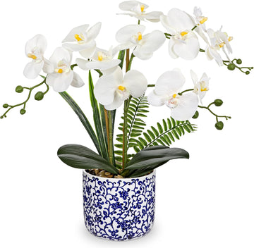 White Orchid Artificial Flowers with Blue and White Pot, 16.9" Silk Orchid Fake Plant Faux Orchids Shelf Room Table