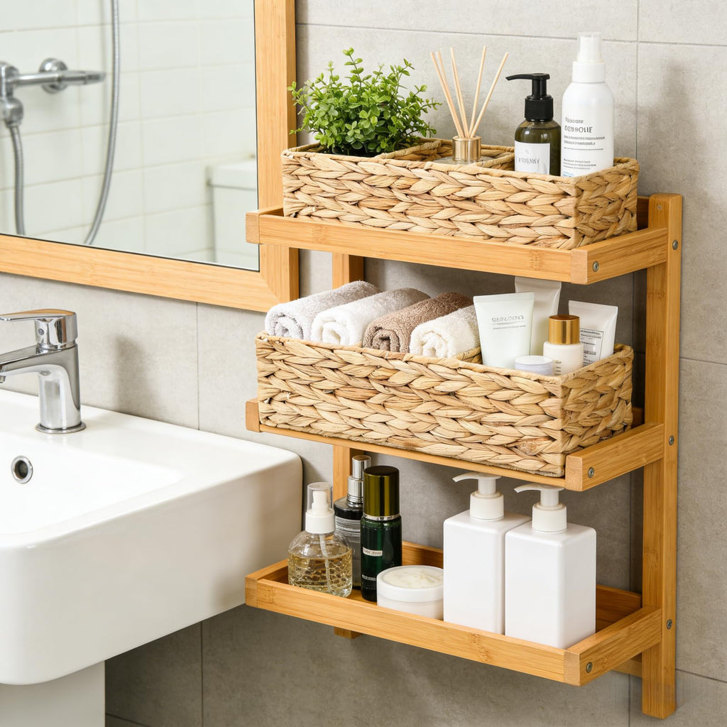 2 Pack 3-Section Woven Baskets, Water Hyacinth Storage Bin, Handwoven Desk Organizer, Toilet Paper Container