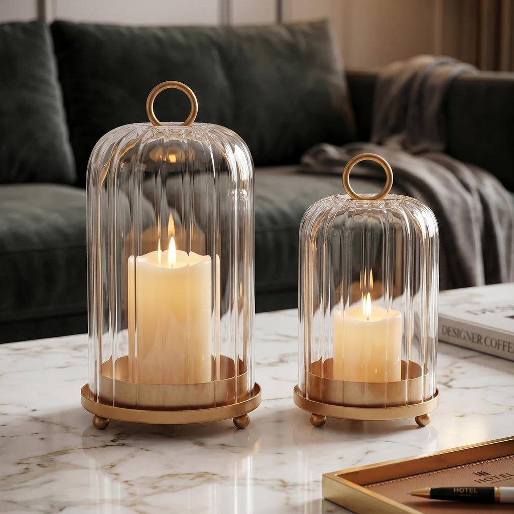 Vintage Brass Metal Candle Lantern with Ribbed Thick Glass Dome - Set of 2 Shabby Chic Style Candle Holders