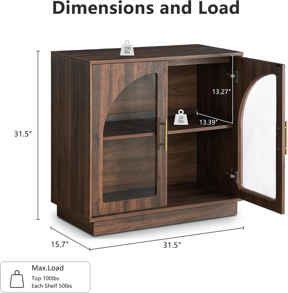 31.5" Sideboard Buffet Cabinet with Arched Glass Doors | Modern Accent Cabinet, Modular Media Console with Storage